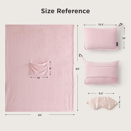Bedsure Travel Blanket Airplane Compact with Storage Bag, Packable Blanket with Eye Mask, Lightweight 3-in-1 Travel Essentials, Functioned as Pillow for Airplane Comfort and Warmth, Pink