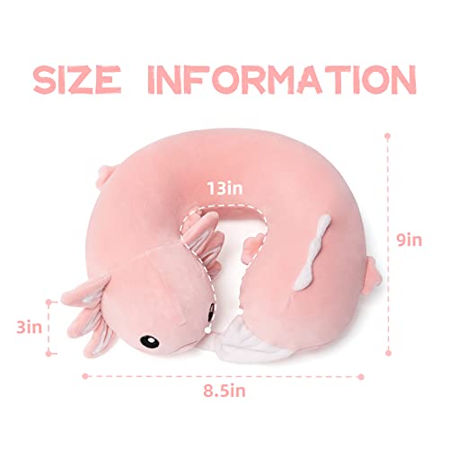 Niuniu Daddy Pink Axolotl Kids Travel Neck Pillow Road Trip Essentials for 3-8 Years Old, Soft Memory Foam Neck Pillow for Sleeping Airplane Essentials, Cervical Pillow for Boys Girls Toddlers