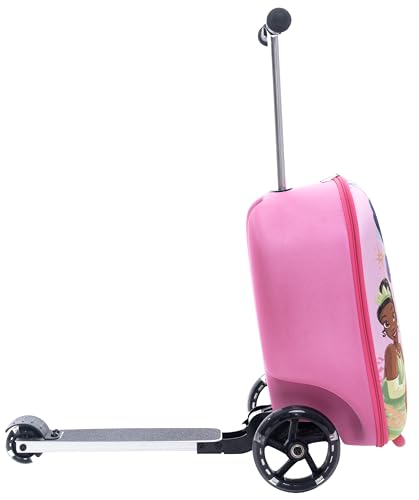 Fast Forward Disney Princess Suitcases for Girls – 18” Lightweight Kids Ride On Suitcase Scooter – 4” Wider Non-Slip Standing Deck with Weight Limit (Luggage 11lbs and Scooter 100lbs)