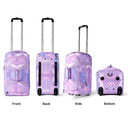 Choco Mocha Girls Mermaid Suitcase with Wheels Kids Purple Rolling Duffle Bag for Camping Teen Girls Toddler Luggage Bag for Travel, 22inch