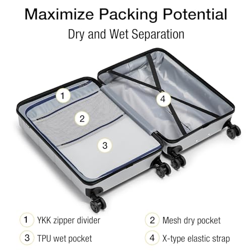 KYME Silver Grey 2 Piece Luggage Sets with Spinner Wheels Hardside 22/26 Inch Suitcase Sets with TSA Lock 22x14x9 Carry On Travel Rolling Luggage Set with Cup Holder for Women Men