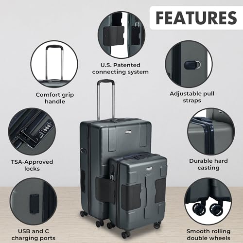 Tach V3.1 Hard Shell 2 Piece Luggage Set - 20 & 28 inch Luggage | Carry On & Large Checked Suitcases | Patented Built-In Connecting System | Rolling Suitcase Links 9 Bags (Grey)