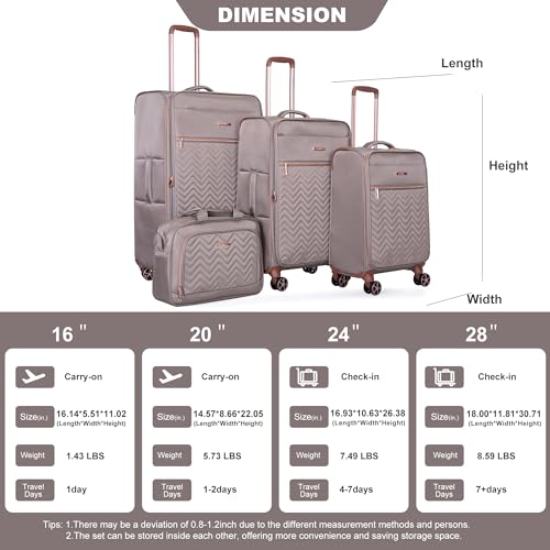 Softside Upright Luggage Set 4 piece, Terylene Expandable Lightweight Suitcase Sets with Double Spinner Wheels (16/20/24/28), Khaki
