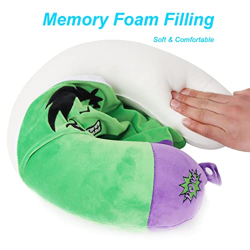 Superhero Travel Pillow for Kids & Adults with Sleep Eye Mask, Memory Foam U-Shaped Neck Pillow with Washable Cover, Soft Head Support Travel Accessories for Airplane Car Train Bus Recline, Green