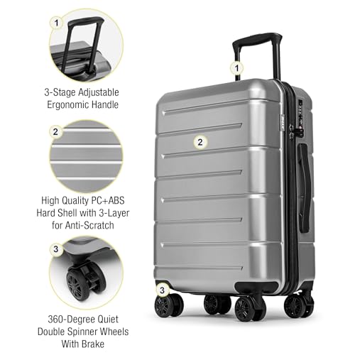 KYME Silver Grey 2 Piece Luggage Sets with Spinner Wheels Hardside 22/26 Inch Suitcase Sets with TSA Lock 22x14x9 Carry On Travel Rolling Luggage Set with Cup Holder for Women Men
