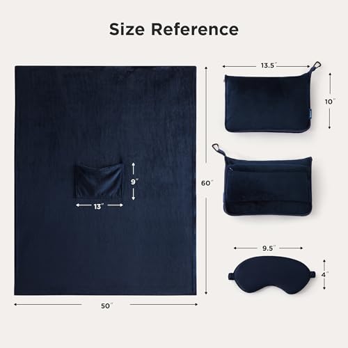 Bedsure Travel Blanket Airplane Compact with Storage Bag, Packable Blanket with Eye Mask, Lightweight 3-in-1 Travel Essentials, Functioned as Pillow for Airplane Comfort and Warmth, Navy