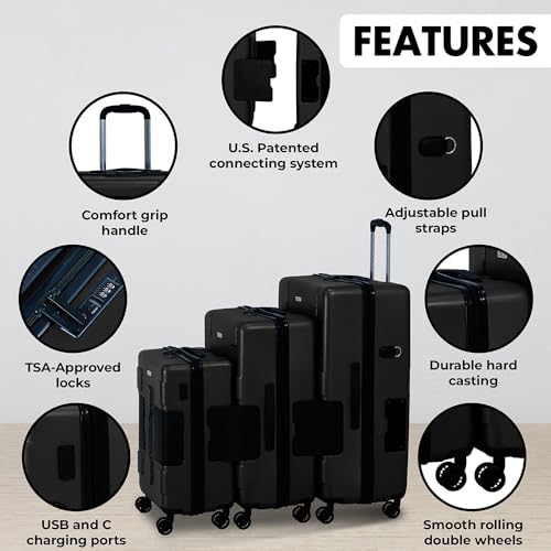 Tach V3.1 Hard Shell 3 Piece Luggage Set - 20, 24 & 28 inch Luggage | Carry On, Medium & Large Checked Suitcases | Patented Built-In Connecting System | Rolling Suitcase Links 9 Bags (Black)
