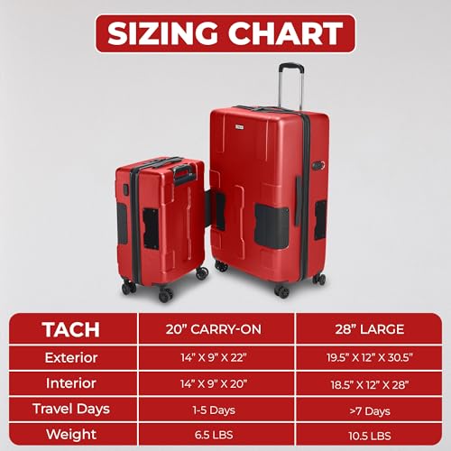 Tach V3.1 Hard Shell 2 Piece Luggage Set - 20 & 28 inch Luggage | Carry On & Large Checked Suitcases | Patented Built-In Connecting System | Rolling Suitcase Links 9 Bags (Wine Red)