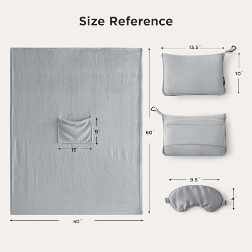 Bedsure Travel Blanket Airplane Compact with Storage Bag, Packable Blanket with Eye Mask, Lightweight 3-in-1 Travel Essentials, Functioned as Pillow for Airplane Comfort and Warmth, Grey