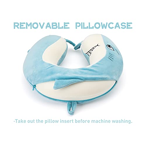 Niuniu Daddy Kids Travel Pillow for Airplane Road Trip Car Seat, Neck Chin Supporting, Stop Head from Falling Forward, Memory Foam with Cute Shark Animal Cover, Gift for Boy Girl - Shark Travel Pillow