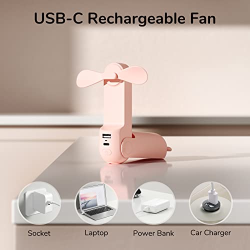 JISULIFE Handheld Mini Fan, 3 IN 1 USB Rechargeable Portable Fan [12-19 Working Hours] with Power Bank, Flashlight, Pocket Design for Travel/Summer/Concerts/Lash, Gifts for Women (Pink)