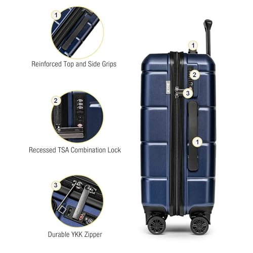 KYME Navy 2 Piece Luggage Sets with Spinner Wheels Hardside 22/26 Inch Suitcase Sets with TSA Lock 22x14x9 Carry On Travel Rolling Luggage Set with Cup Holder for Women Men