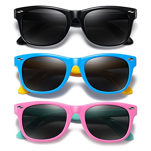 DYLB Kids Polarized Sunglasses for girls boys 3 Pack, Flexible TPEE Rubber Frame for Children Age 3-8.