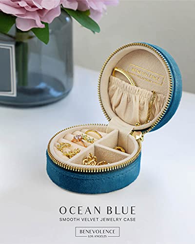 Benevolence LA Plush Velvet Travel Jewelry Box Organizer | Small Travel Case for Women | Mini Organizer for Accessories | Gift for Her - Ocean Blue