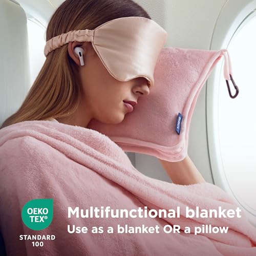 Bedsure Travel Blanket Airplane Compact with Storage Bag, Packable Blanket with Eye Mask, Lightweight 3-in-1 Travel Essentials, Functioned as Pillow for Airplane Comfort and Warmth, Pink