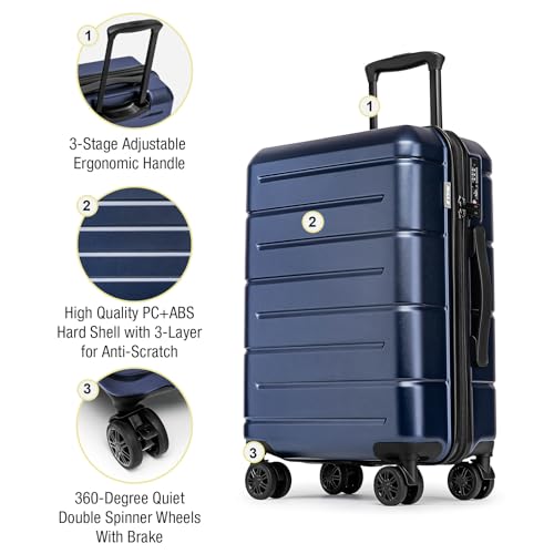 KYME Navy 2 Piece Luggage Sets with Spinner Wheels Hardside 22/26 Inch Suitcase Sets with TSA Lock 22x14x9 Carry On Travel Rolling Luggage Set with Cup Holder for Women Men