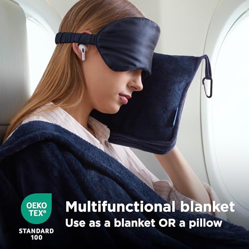 Bedsure Travel Blanket Airplane Compact with Storage Bag, Packable Blanket with Eye Mask, Lightweight 3-in-1 Travel Essentials, Functioned as Pillow for Airplane Comfort and Warmth, Navy