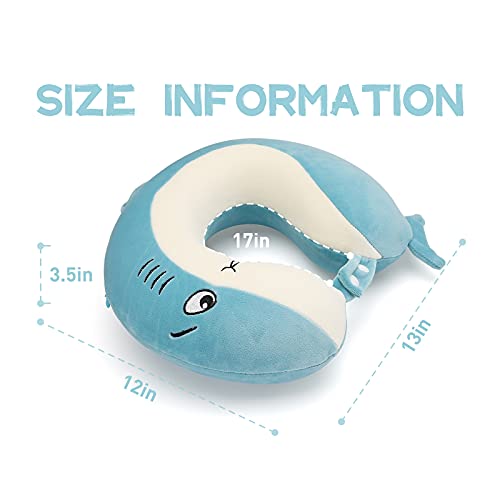Niuniu Daddy Kids Travel Pillow for Airplane Road Trip Car Seat, Neck Chin Supporting, Stop Head from Falling Forward, Memory Foam with Cute Shark Animal Cover, Gift for Boy Girl - Shark Travel Pillow