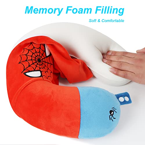 Superhero Travel Pillow for Kids & Adults with Sleep Eye Mask, Memory Foam U-Shaped Neck Pillow with Washable Cover, Soft Head Support Travel Accessories for Airplane Car Train Bus Recline, Red