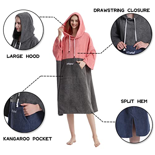 Hiturbo Changing Robe, Absorbent Quick Dry Surf Poncho, 3/4 Sleeve Microfiber Hooded Towel for Beach Swimming Surfing Bathing