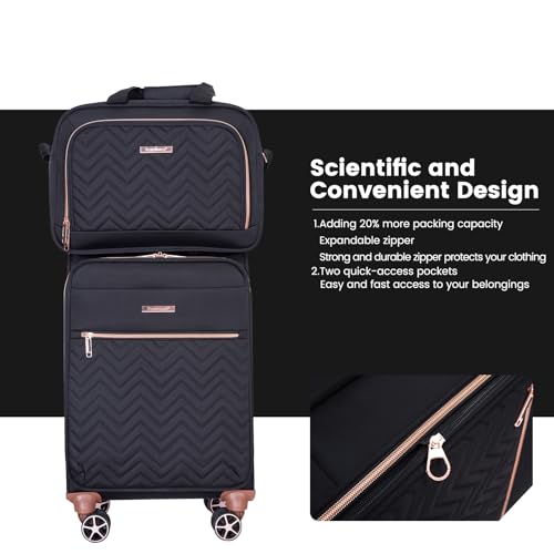 Softside Upright Luggage Set 4 piece, Terylene Expandable Lightweight Suitcase Sets with Double Spinner Wheels (16/20/24/28), Black
