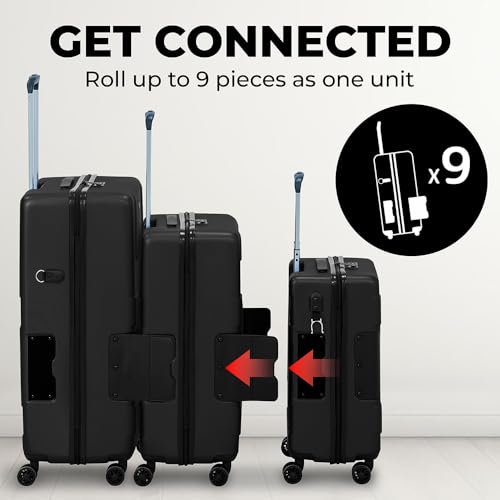 Tach V3.1 Hard Shell 3 Piece Luggage Set - 20, 24 & 28 inch Luggage | Carry On, Medium & Large Checked Suitcases | Patented Built-In Connecting System | Rolling Suitcase Links 9 Bags (Black)