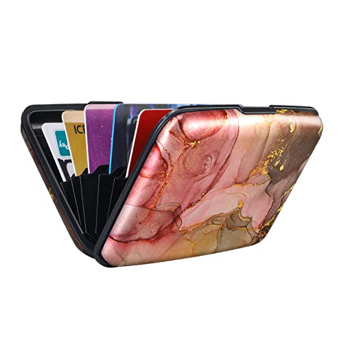ELFISH Mini RFID Aluminum Wallet Credit Cards Holder Business Card Case Metal ID Case for Men Women（Pink Grey Marble