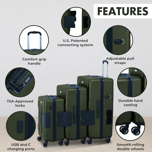 Tach V3.1 Hard Shell 3 Piece Luggage Set - 20, 24 & 28 inch Luggage | Carry On, Medium & Large Checked Suitcases | Patented Built-In Connecting System | Rolling Suitcase Links 9 Bags (Green)