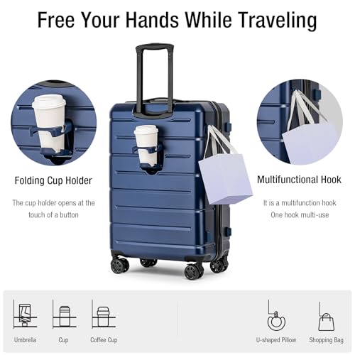 KYME Navy 2 Piece Luggage Sets with Spinner Wheels Hardside 22/26 Inch Suitcase Sets with TSA Lock 22x14x9 Carry On Travel Rolling Luggage Set with Cup Holder for Women Men