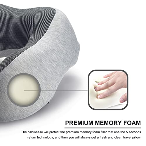 napfun Neck Pillow for Traveling, Upgraded Travel Neck Pillow for Airplane 100% Pure Memory Foam Travel Pillow for Flight Headrest Sleep, Portable Plane Accessories, Light Grey