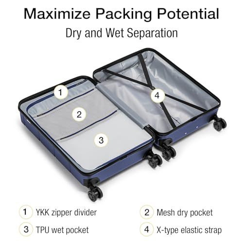 KYME Navy 2 Piece Luggage Sets with Spinner Wheels Hardside 22/26 Inch Suitcase Sets with TSA Lock 22x14x9 Carry On Travel Rolling Luggage Set with Cup Holder for Women Men