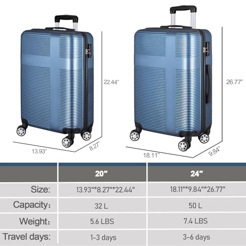 ILLUMINEW 2-Piece Luggage Sets with Durable Lightweight Carry-On Suitcases, Spinner Wheels, and TSA-Approved Lock Dark Blue (20/24)