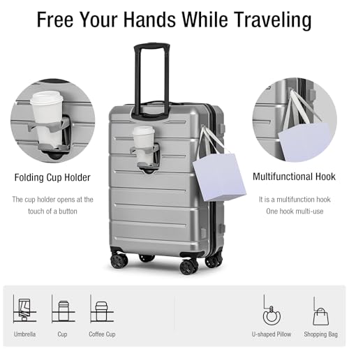KYME Silver Grey 2 Piece Luggage Sets with Spinner Wheels Hardside 22/26 Inch Suitcase Sets with TSA Lock 22x14x9 Carry On Travel Rolling Luggage Set with Cup Holder for Women Men