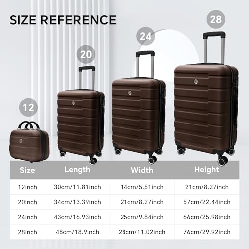 ILLUMINEW 4-Piece Luggage Sets with Durable Lightweight Carry-On Suitcases, Spinner Wheels, and TSA-Approved Lock Brown(12/20/24/28in)