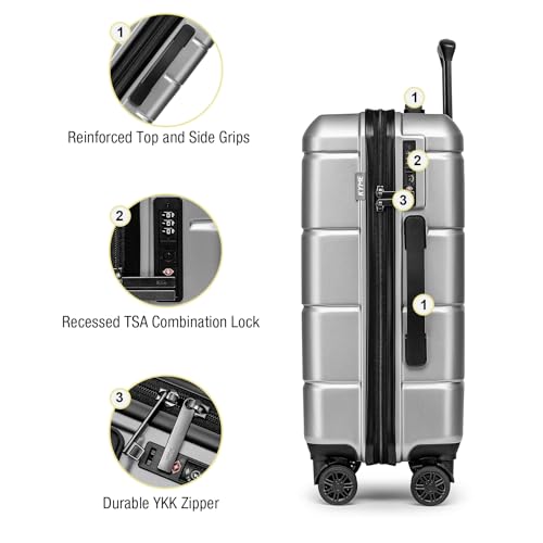 KYME Silver Grey 2 Piece Luggage Sets with Spinner Wheels Hardside 22/26 Inch Suitcase Sets with TSA Lock 22x14x9 Carry On Travel Rolling Luggage Set with Cup Holder for Women Men