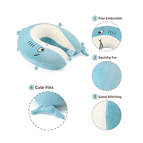 Niuniu Daddy Kids Travel Pillow for Airplane Road Trip Car Seat, Neck Chin Supporting, Stop Head from Falling Forward, Memory Foam with Cute Shark Animal Cover, Gift for Boy Girl - Shark Travel Pillow
