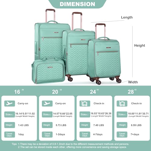 Softside Upright Luggage Set 4 piece, Terylene Expandable Lightweight Suitcase Sets with Double Spinner Wheels (16/20/24/28), Green
