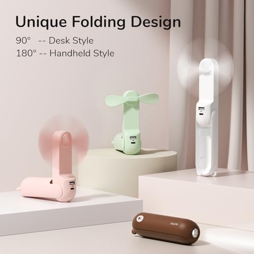 JISULIFE Handheld Mini Fan, 3 IN 1 USB Rechargeable Portable Fan [12-19 Working Hours] with Power Bank, Flashlight, Pocket Design for Travel/Summer/Concerts/Lash, Gifts for Women (Pink)