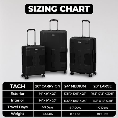Tach V3.1 Hard Shell 3 Piece Luggage Set - 20, 24 & 28 inch Luggage | Carry On, Medium & Large Checked Suitcases | Patented Built-In Connecting System | Rolling Suitcase Links 9 Bags (Black)