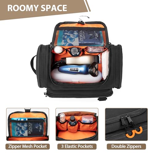 Tactical Toiletry Bag for Men, Hanging Hygiene Bag, Travel Dopp Kit Organizer for Shaving, Shower Essentials and Toiletries, Black (Empty Bag)