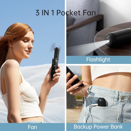 JISULIFE Handheld Mini Fan, 3 IN 1 USB Rechargeable Portable Fan [12-19 Working Hours] with Power Bank, Flashlight, Pocket Design for Travel/Summer/Concerts/Lash, Gifts for Women (Black)