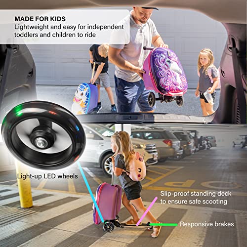 KIDDIETOTES Hardshell Kids Ride On Luggage with Scooter Suitcase for Girls Ages 5-12 - Carry-On Compliant with LED Light-Up Wheels