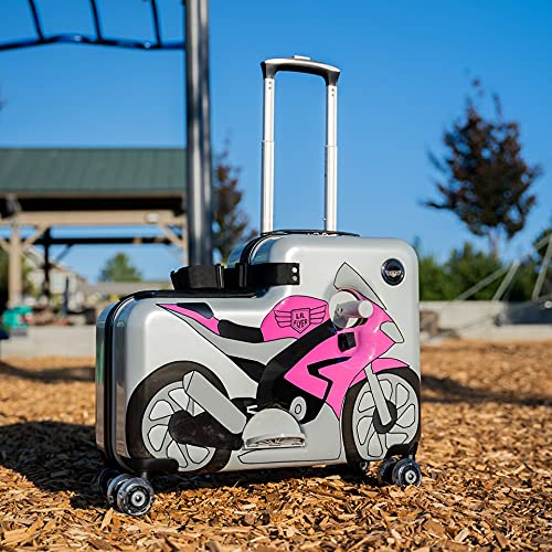 Younglingz Lil Flyer 20" kid ride on suitcase child stroller spinner luggage (Pink Motorcycle)