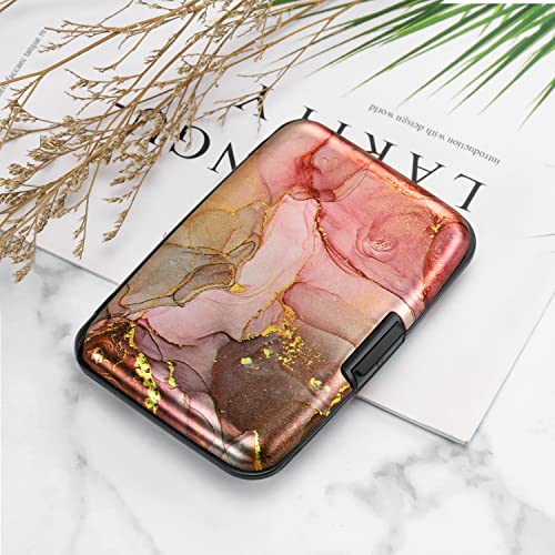 ELFISH Mini RFID Aluminum Wallet Credit Cards Holder Business Card Case Metal ID Case for Men Women（Pink Grey Marble