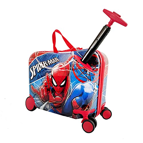 Fast Forward Spiderman Ride on Suitcase for Kids, 18'' Suitcase with Seat for Kids, Cute Lightweight Kids Travel Suitcase Trolley