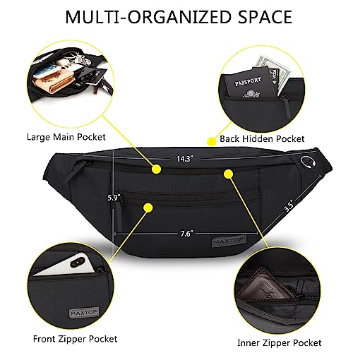 MAXTOP Large Crossbody Fanny Pack with 4-Zipper Pockets,Gifts for Enjoy Sports Festival Workout Traveling Running Casual Hands-Free Wallets Waist Pack Phone Bag Carrying All Phones