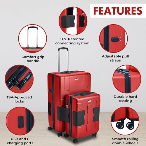 Tach V3.1 Hard Shell 2 Piece Luggage Set - 20 & 28 inch Luggage | Carry On & Large Checked Suitcases | Patented Built-In Connecting System | Rolling Suitcase Links 9 Bags (Wine Red)
