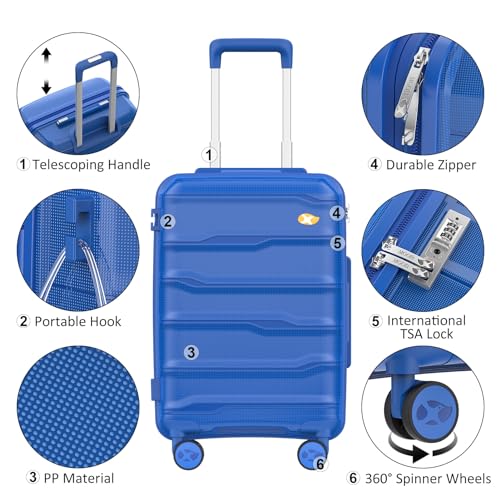 Carry On Luggage 22x14x9 Airline Approved, Hard Shell Suitcase with Spinner Wheels, PP Lightweight Luggages with TSA Lock, Carry-On Suitcases 20 Inch, Blue
