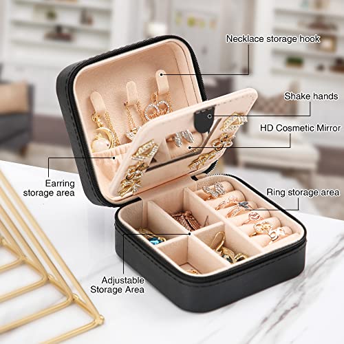 Small Travel Jewelry Box With Mirror, Portable Jewelry organizer Display Storage Box for Earrings Rings Necklaces, Jewelry ase for female Girls (Black) 1pc
