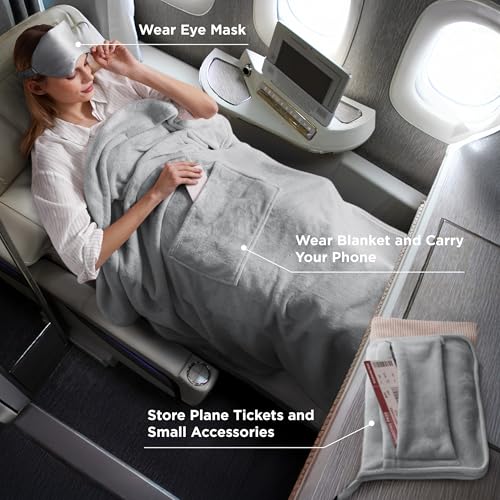 Bedsure Travel Blanket Airplane Compact with Storage Bag, Packable Blanket with Eye Mask, Lightweight 3-in-1 Travel Essentials, Functioned as Pillow for Airplane Comfort and Warmth, Grey